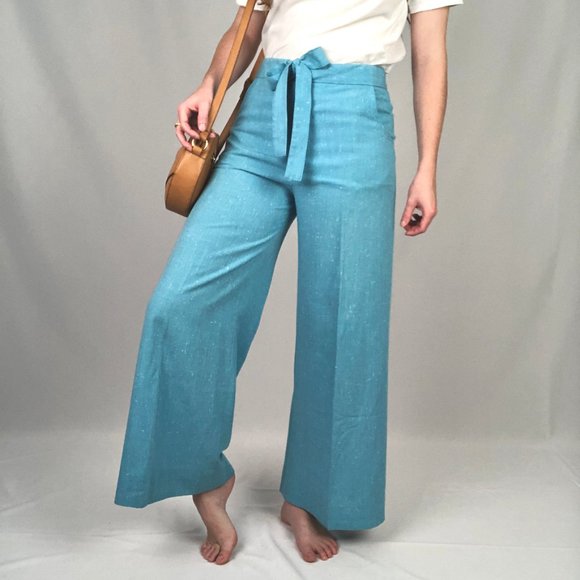 Vintage 70s Linen High Rise Flare Wide Leg Belted Bell Botton Blue Trouser Pants - Picture 5 of 8